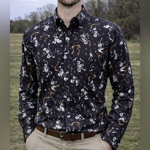 -Simon Banks Skeleton Skateboarding Black l/s Button Down Halloween Shirt Medium